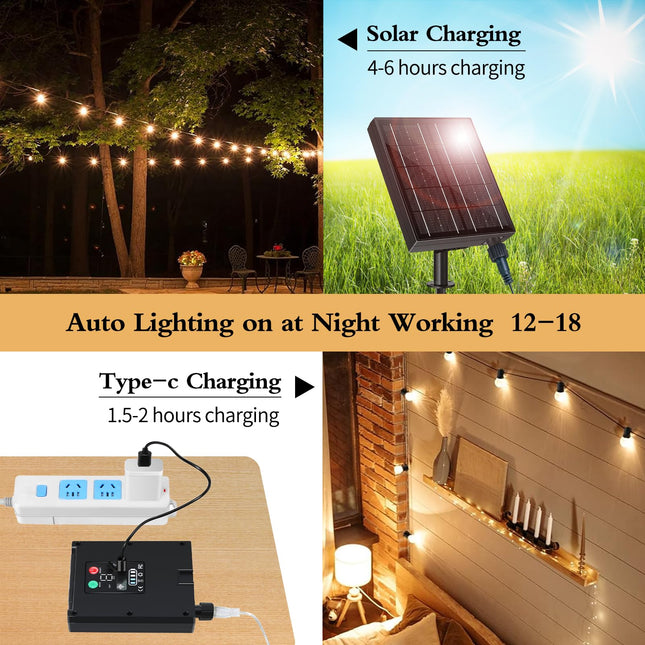 Solar String Lights for Outside 49Ft Solar Outdoor String Lights USB Rechargeable Dimmable Waterproof S14 Patio Lights with Remote 25 Shatterproof Bulbs Hanging Lights for Garden Porch Party Christmas