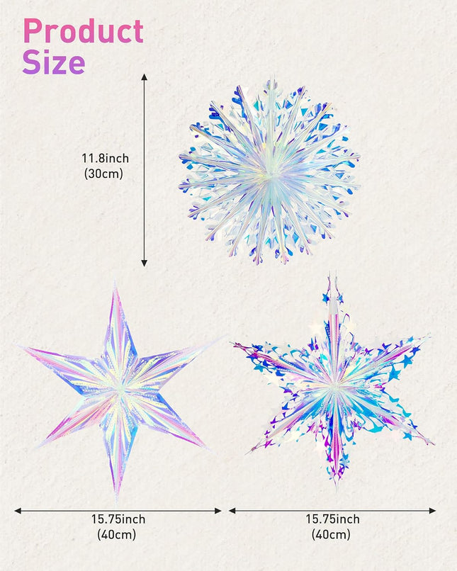 3PCS Iridescent Decoration Ornaments Hanging Decorations, Iridescent Snowflakes Fan, Starry Snowflake, Hexagram Stars Garland for Home Decorations Wedding Birthday Christmas Parties, Vomika