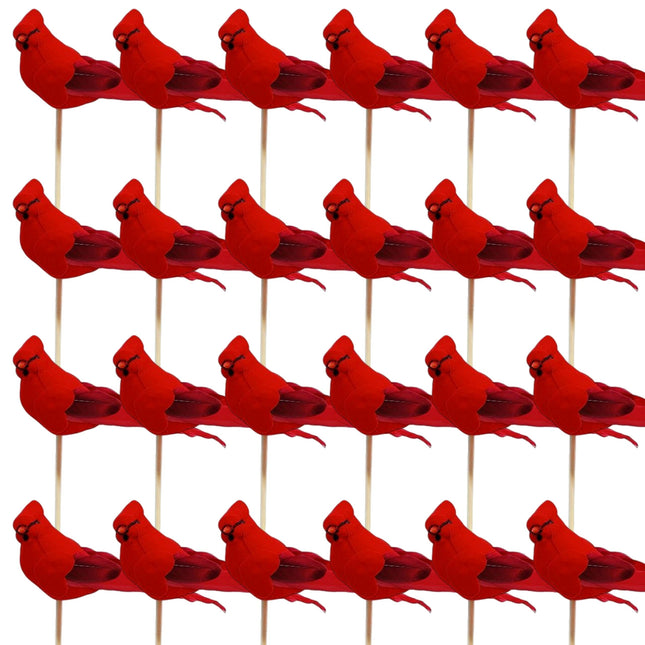 Cardinal Floral Picks - Set of 24 Red Birds on a Wood Stick - Birds Attached to Stems - Red Birds Centerpieces - Christmas DIY - Ornament Holiday Décor - Bird is 5" L and Sits on a 7" Pick