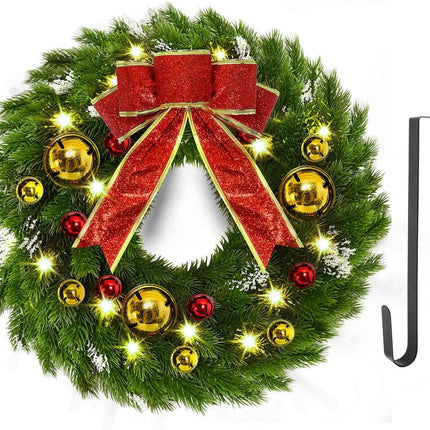 YoleShy 17 Inch Pre-lit Christmas Wreath with Hanger & Bow & Bells Battery Operated Christmas Wreath Christmas Decorations for Window, Front Door, Wall Decor, Fireplace
