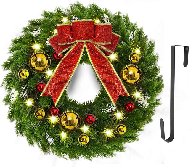 YoleShy 17 Inch Pre-lit Christmas Wreath with Hanger & Bow & Bells Battery Operated Christmas Wreath Christmas Decorations for Window, Front Door, Wall Decor, Fireplace