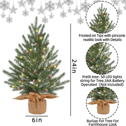 2 Ft prelit Tabletop Mini Christmas Tree with 50 LED,Small Frosted Lighted Artificial Pine Tree with Burlap Base,Pinecone Decoration,2 FT Miniature Farmhouse Xmas Tree Decor for Farmhouse Door