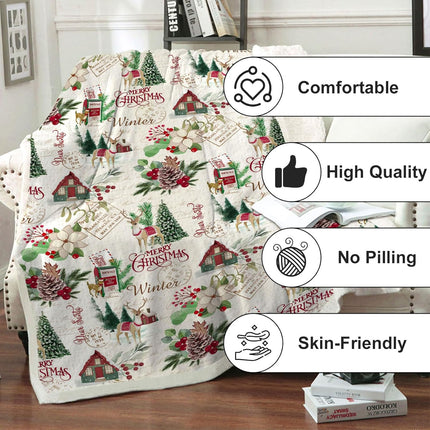 Christmas Red Garland and Green Leaves Patterns Blanket with Christmas Tree Pattern Blanket Soft Fluffy Fleece Bedding Throw for Bed Couch Sofa 60"x80"