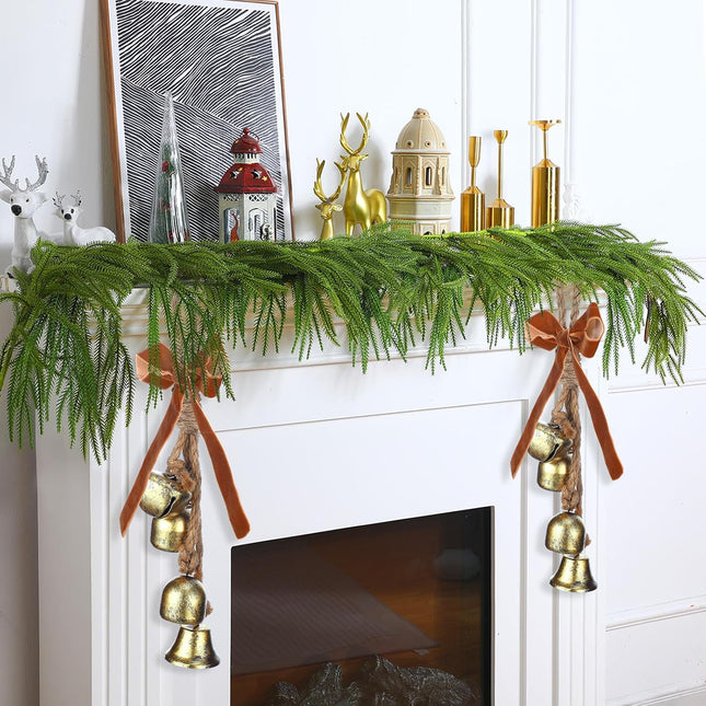 5 FT Christmas Garlands Norfolk Pine Garland Artificial Norfolk Garland Real Touch Pine Garland Faux Greenery Cedar Garland with 2 Set Cow Bells on Rope for Mantle Table Fireplace Holiday Winter Decor