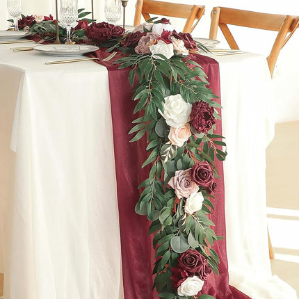 Floroom 6ft Artificial Eucalyptus Garland with Flowers Fake Greenery Faux Floral Vine Garland for Table Decor Wedding Centerpieces Bridal Shower Party Decorations, Burgundy & White
