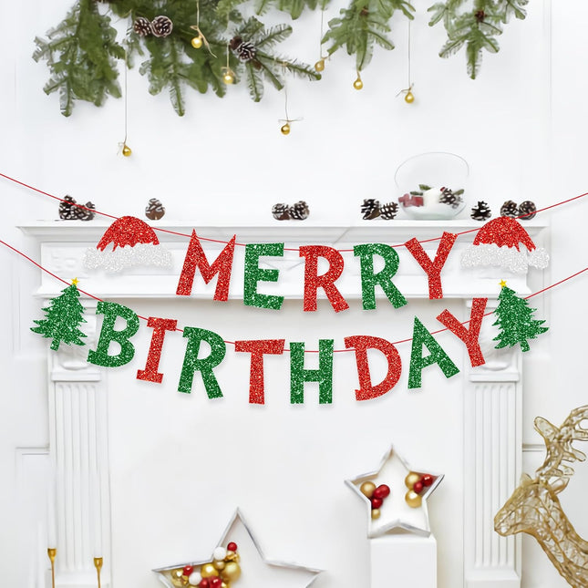 Christmas Decorations Indoor Merry Birthday Party Banners, Glittery Christmas Decor Banner for Party, Red Green Christmas Tree Garland Banner Home Fireplace Decor Xmas Decorations