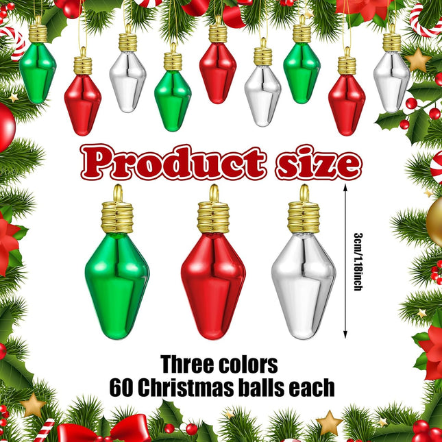 Sotiff Christmas Lightbulb Shaped Ornament Bulk 1.18 Inch Colorful Plastic Bulb Ornaments with Screw Off Cap Mini Vintage Hanging Tree Ornaments for Xmas Holiday Decoration(Red Green Silver,60 Pcs)
