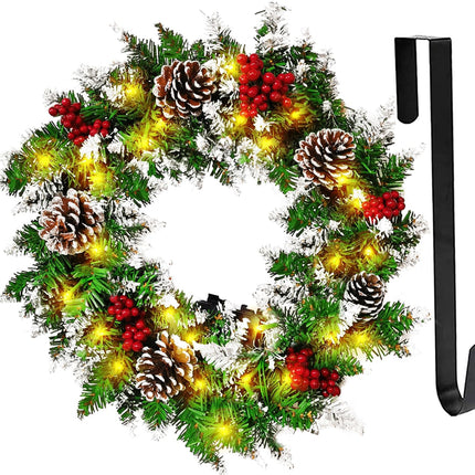 Christmas Wreath for Front Door, 18inch Pre-lit Artificial Xmas Wreath with Hook, 50 LED Lights&Timer for Door Window Wall Stairs Outdoor Decorations