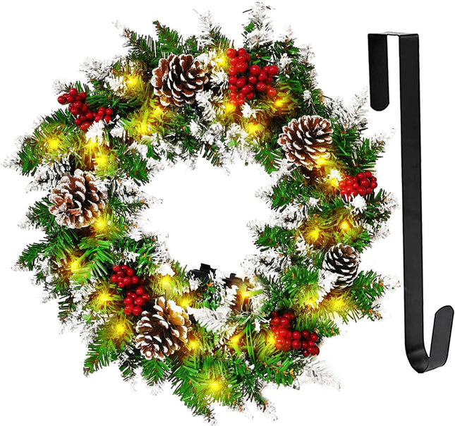 Christmas Wreath for Front Door, 18inch Pre-lit Artificial Xmas Wreath with Hook, 50 LED Lights&Timer for Door Window Wall Stairs Outdoor Decorations