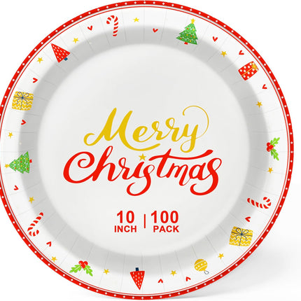 Lamosi 100Pcs Christmas Paper Plates, Paper Plates Christmas Party Supplies, 10 inch Disposable Dinner Plates for Birthday Holiday Wedding Event