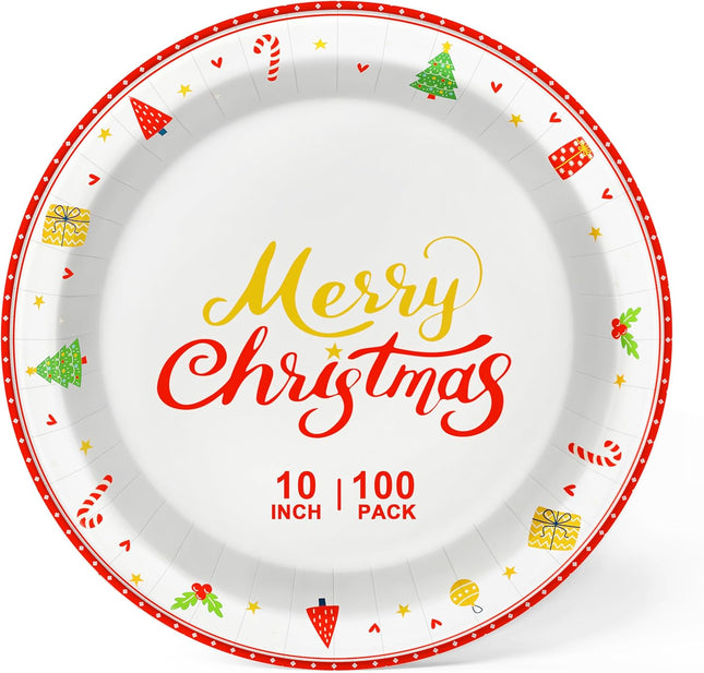 Lamosi 100Pcs Christmas Paper Plates, Paper Plates Christmas Party Supplies, 10 inch Disposable Dinner Plates for Birthday Holiday Wedding Event