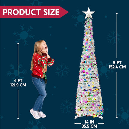 JOIEDOMI 5 Ft Pre-lit Pencil Christmas Tree, Pop up Christmas Tinsel Tree with Lights and Star, Skinny Collapsible Christmas Tree with Timer for Xmas Decorations Indoor Outdoor Holiday Party