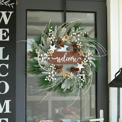 Winter Wreaths for Front Door 24 Inch Outdoor Christmas Snow Covered Wreath Artificial Flocked Spruce Wreath with Pinecones,White Berries,Green Evergreen Xmas Holiday Welcome Wreath Decor