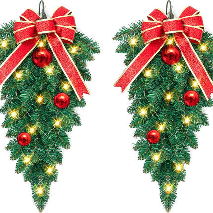 2 Pack Christmas Teardrop Swags Trim, Artificial Pine Swag with Bowknot, Red Berries and Pinecone, Winter Pine Needles Swag Greenery Cedar Swag for Xmas Table Door Decor (Green&Red)