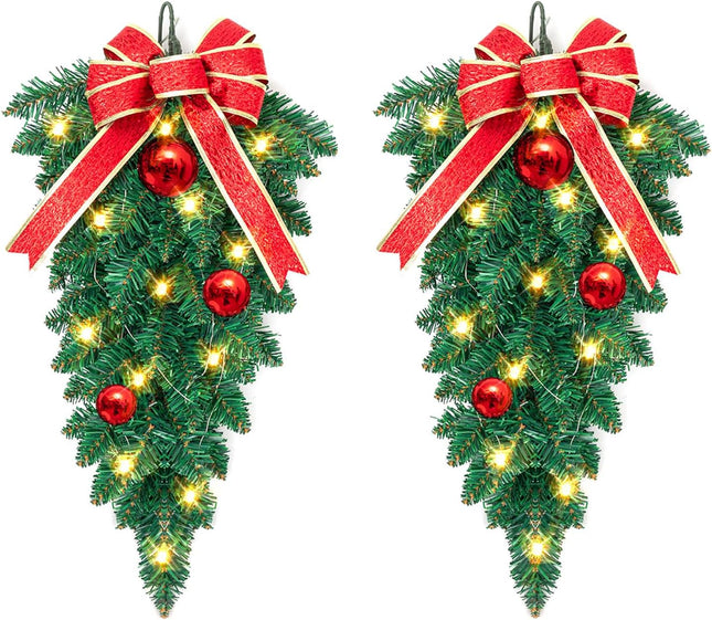 2 Pack Christmas Teardrop Swags Trim, Artificial Pine Swag with Bowknot, Red Berries and Pinecone, Winter Pine Needles Swag Greenery Cedar Swag for Xmas Table Door Decor (Green&Red)