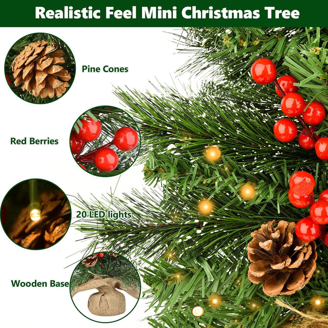 20 Inch Tabletop Mini Christmas Tree Pre-lit Artificial Mini Christmas Tree with Warm LED Lights, Red Berries Pinecone Ornaments for Christmas Home Indoor Decorations