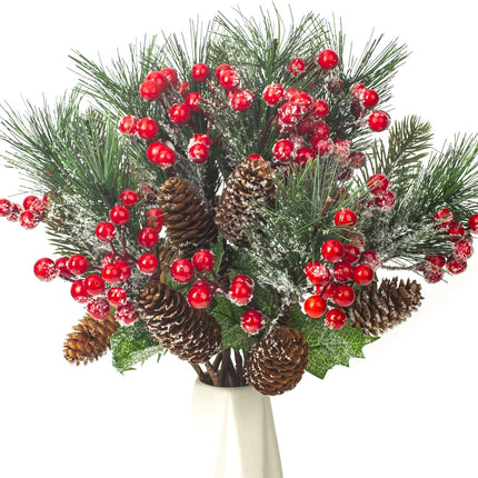 10 Pack Artificial Pine Branches Fake Greenery Pine Picks Artificial Red Berry Stems Christmas Pine Needles for Garland Wreath Christmas and Home Garden Decor
