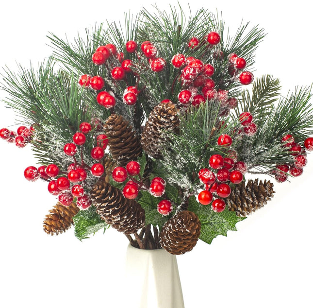 10 Pack Artificial Pine Branches Fake Greenery Pine Picks Artificial Red Berry Stems Christmas Pine Needles for Garland Wreath Christmas and Home Garden Decor