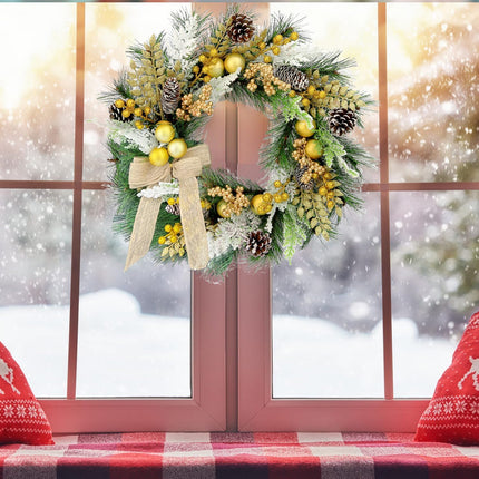 Large Christmas Wreath with Lights, 22 Inch Battery Operated Pre lit Gold Christmas Wreaths and Garland for Front Door Outdoor Indoor Windows Kitchen cabinets Car Pine Wreath Decor