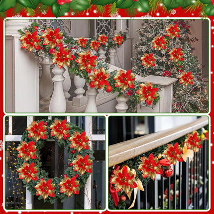 Lyrow 60 Pcs 6 Inch Christmas Glitter Poinsettia Flowers Decorations with Clips and Stems Christmas Tree Ornaments Artificial Poinsettia for Xmas DIY Wreath Crafts Party Decor(Red with Gold)