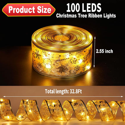 Christmas Tree Decorations, 2.5Inch x 32.8Ft 100 Led Christmas Tree Ribbon Lights with Timer, Battery&USB Powered 8 Lighting Modes Gold String Lights for Party Xmas Tree Decor
