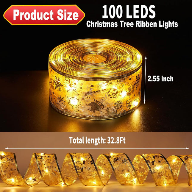 Christmas Tree Decorations, 2.5Inch x 32.8Ft 100 Led Christmas Tree Ribbon Lights with Timer, Battery&USB Powered 8 Lighting Modes Gold String Lights for Party Xmas Tree Decor
