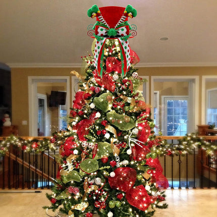 Christmas Elf Tree Topper Red Hat with Handmade Bows Elf Leg Ornament Winter Holiday Santa Home Decoration Xmas Wreath Festive Ideas Supplies