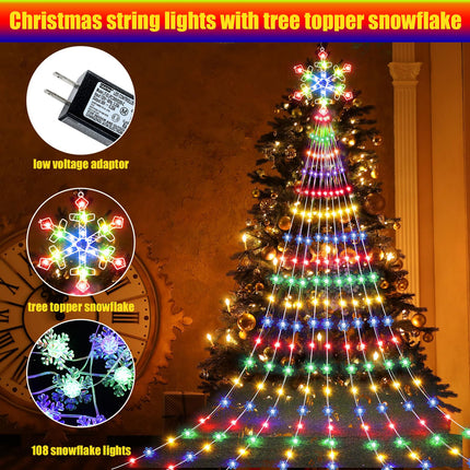 Christmas Light Outdoor Decoration 12 ft 240 LED Waterfall String Light with Snowflake Topper 8 Mode Light Waterproof Christmas Tree Hanging Fairy Lights for Xmas Holiday Patio Yard Party