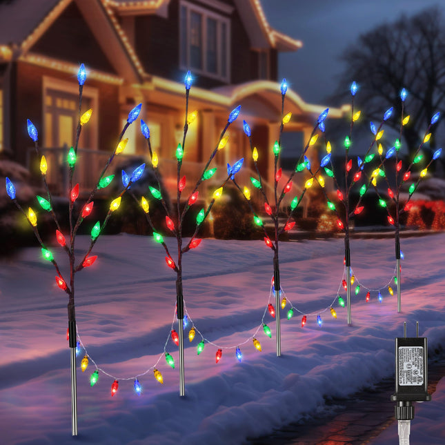 5 Pack C6 Plug in Christmas Pathway Lights with 148 Multicolored Bulbs, 8 Modes Waterproof Xmas Connectable Walkway Stake Lights for Outdoor Yard Lawn Sidewalk Driveway Christmas Decorations