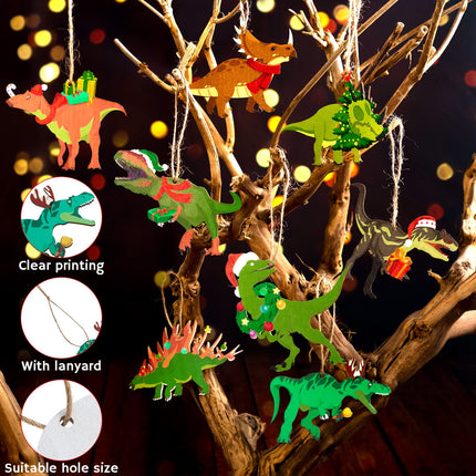 36 Pieces Christmas Dinosaur Ornament Wood Dinosaur Christmas Tree Topper Wooden Dinosaur Christmas Tree Decorations Funny Xmas Decorative Hanging Ornaments Dinosaur Wood Cutouts for Kids Boy Party