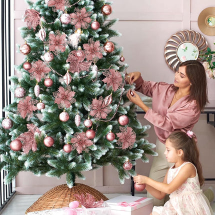 Waipfaru 24 Pcs Christmas Tree Decorations, Rose Gold Poinsettias Artificial Christmas Flowers, Pink Glitter Christmas Ornaments Picks for Christmas Tree Xmas Winter Wreath Garland Decor
