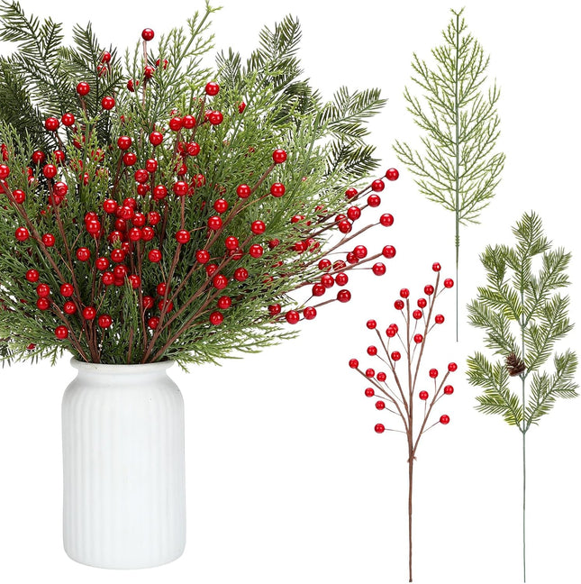 Tigeen 30 Pcs Christmas Artificial Pine Branches with Berry Stems 16 Inch Christmas Greenery Stems with Pine Cone Faux Cedar Pine Needles Picks for Xmas Tree Vase Wreath Garland DIY(Red)