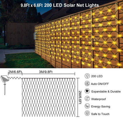 Solar Net Mesh String Lights Outdoor Waterproof 9.8ft x 6.6ft 200 LEDs Tree-wrap Lights,Dark Green Cable,8 Modes Outdoor Mesh Lights for Party Christmas Wedding Garden Home Patio Lawn - Warm White