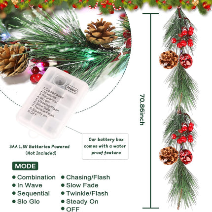 8 Light Modes Christmas Garland with Lights, 6FT Christmas Garland with 18 LED Lights Branches Berries Bells Snowflake Pinecones for Window Fireplace Door Stairs Indoor Outdoor Decoration