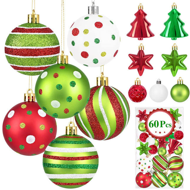 60Pcs Christmas Tree Decorations, Christmas Ball Ornaments, Red and Green Christmas Ornaments, 2.4IN White Christmas Ornaments Set, Glittering Hanging Decor for Xmas Tree Topper Holiday Decorations