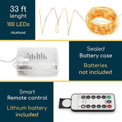 MUMUXI 33ft 100 LED Outdoor Fairy Lights, Timer Battery Operated Twinkle Lights with Remote [2 Pack], Christmas Outdoor String Lights Battery Operated, White Warm Outdoor Twinkle Lights Waterproof