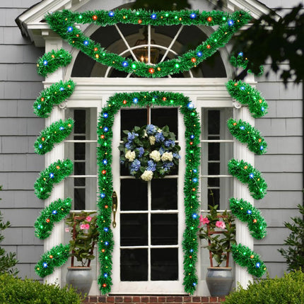 Christmas Garland Prelit Tinsel 32.8 Ft, Green Metallic Garlands with 100 LED Lights for Christmas Tree Wreath Year Party Home Railing Holiday Indoor Outdoor Wedding Decorations