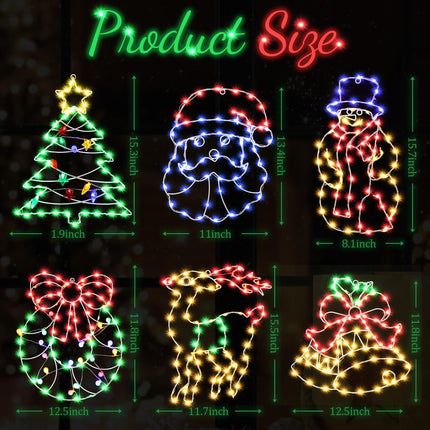 6 Pcs Christmas Window Silhouette Lights Decorations 16 Inch Waterproof Window Hanging Lights Deer Christmas Tree Santa Claus Garland Snowman Bells Lights for Party Holiday Wall Door
