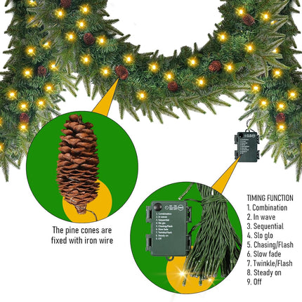 9 FT Christmas Garland with Lights,Christmas Decorations Garland Mixed Pinecones, with Timer, Battery Operated,Christmas Decor Garland for Stairs Indoor Mantle Door Wall Outdoor (Green+Brown)