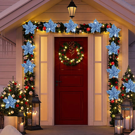 Waydress 16 Pieces Christmas Glitter Poinsettia Flowers Artificial Christmas Tree Ornaments Christmas Decor with Stem DIY Xmas Wreath Party Holiday Decor(Light Blue)