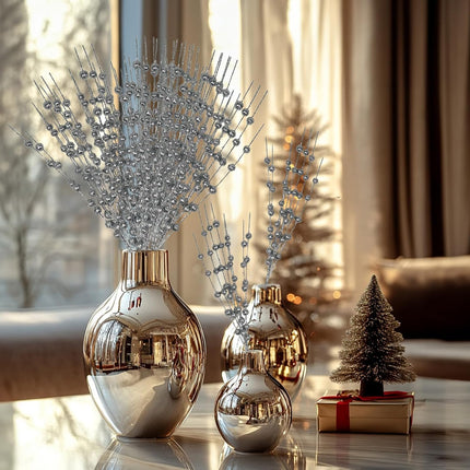 24 Pack Christmas Glitter Berry Stems, Artificial Decorative Branches for Tree, Festive Bead Sticks for Holiday Wreath Ornaments, Decorative Christmas Picks Glittery Twigs, DIY Home Decor (Sliver)