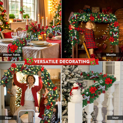 DOIOWN Christmas Garland,9Ft Prelit Christmas Garland with Lights,100 LED Christmas Decorations Garland with Berries,Bows,Pine Cones,Flowers for Stairs Indoor Outdoor Decor Battery Operated