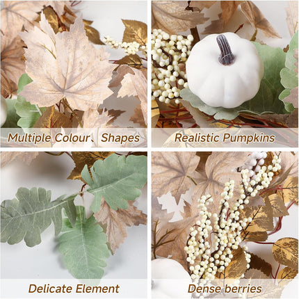 6FT Fall Garland Decor, White Pumpkin & Maple Leaves Garland, Fall Decorations Outdoor/Indoor for Mantle Fireplace Home Porch Thanksgiving Party, White