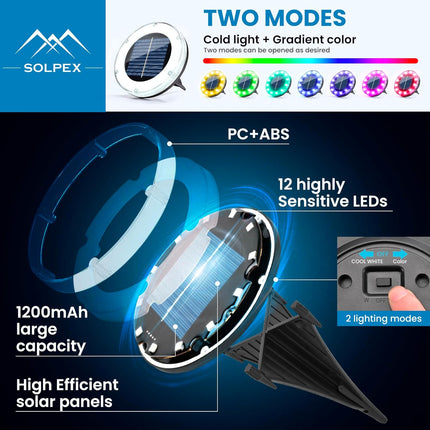 Solpex Solar Lights Outdoor Waterproof, Multicolor Solar Ground Lights, 12 Led 2 Lighting Modes, Solar Powered Landscape Lighting