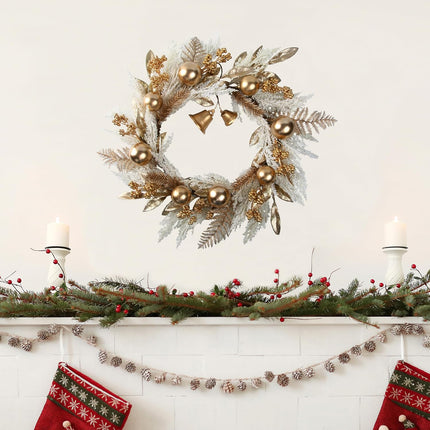 20" Gold Christmas Wreaths for Front Door, Gold Berry Leaves Bells Balls Xmas Wreath with White Fake Pampas Grass, Door Reef for Windows Fireplaces Walls, Front Porch Indoor and Outdoor