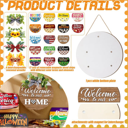 Vicenpal Interchangeable Welcome Sign for Front Door with 17 Magnetic Icons, Wooden Seasonal Front Porch Door Decor with 4 Seasonal Wreaths and 17 Changeable Icons for Holiday Party