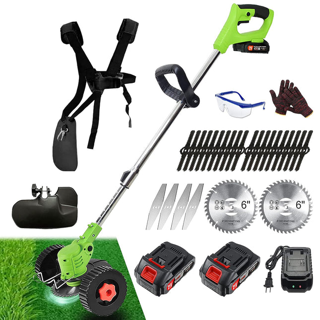 Cordless Weed Wacker Battery Powered, 3-in-1 Electric Weed Eater Grass Trimmer with 2 x 21V 2.0Ah Battery 3 Types 26 Blades, No String Push Brush Cutter Lightweight Edger Lawn Tool for Garden and Yard