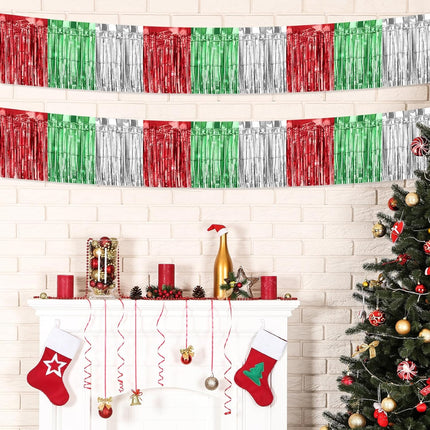 10 Pack 10 Feet Christmas Foil Fringe Garland Red Silver Green Fringe Garland for Christmas Party Decorations Christmas Parade Float Fringe Tinsel Fringe Banner for Birthday Party Year Decor