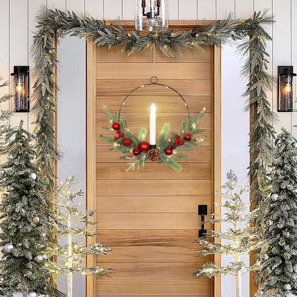 2Pack 16inch Christmas Wreath with Taper Candle Lights Christmas Wreath Outdoor Prelit Christmas Wreath for Front Door Porch Fireplace Christmas Window Door Decorations