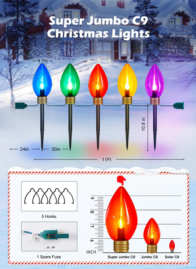 Super Jumbo C9 Christmas Pathway Lights Outdoor - 11 Feet 5 LED Jumbo C9 Pathway Lights, Jumbo Colored Light Bulb Christmas Lights Outdoor Decorations for Lawn Holiday Yard, Multicolor